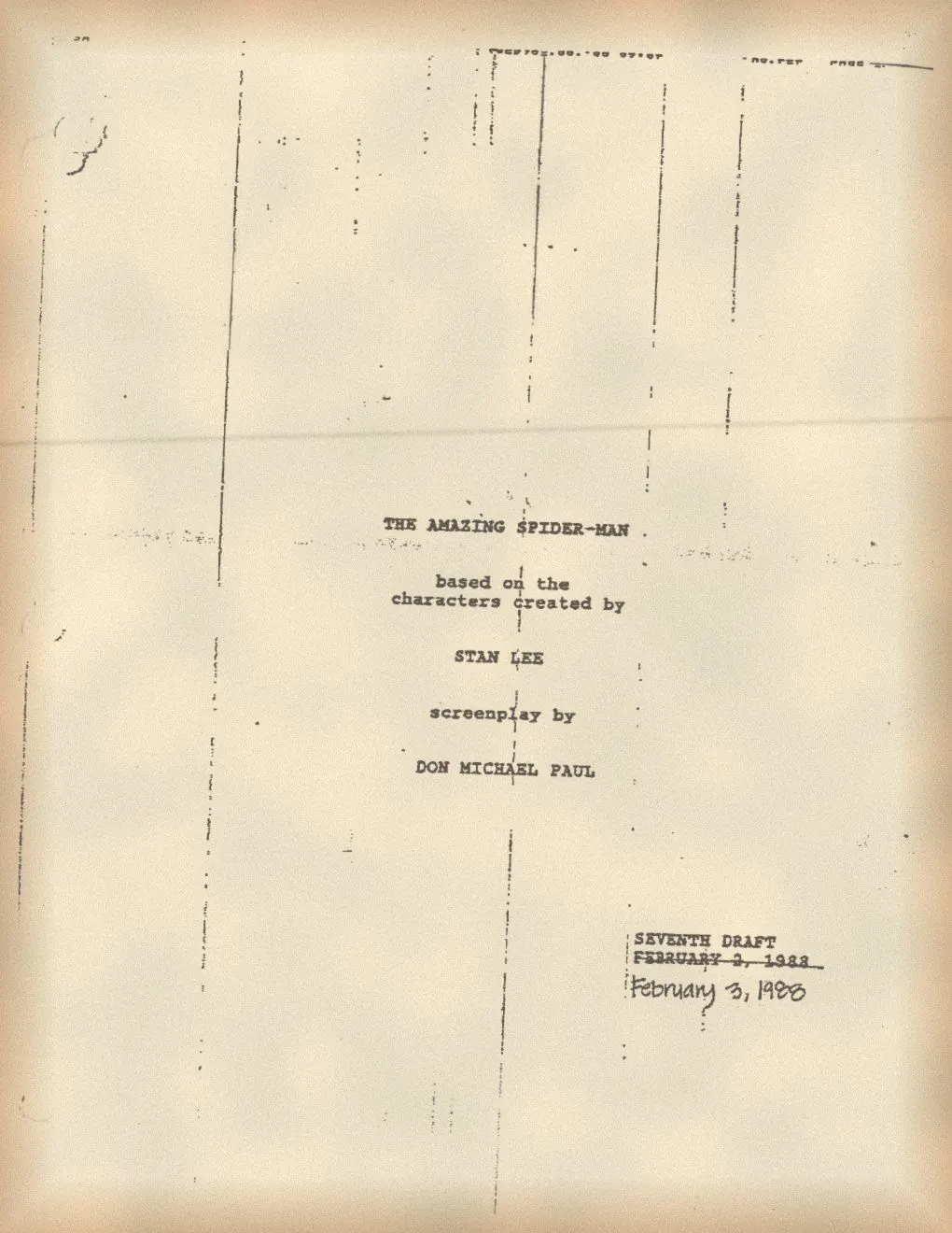 Title page of The Amazing Spider-Man screenplay by Don Michael Paul, seventh draft, February 3, 1988